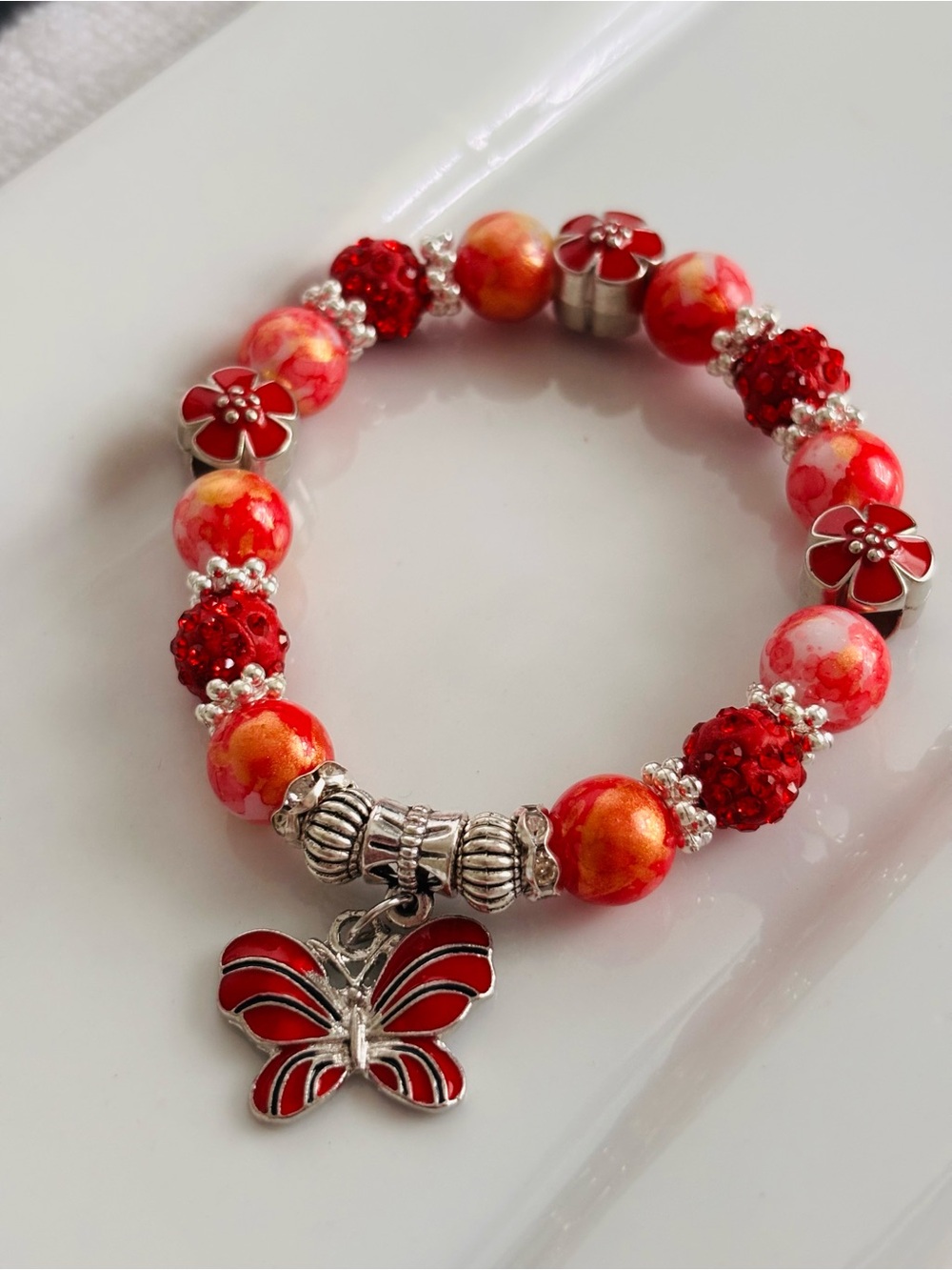 Red Enamel Butterfly Charm Beaded Stretch Bracelet